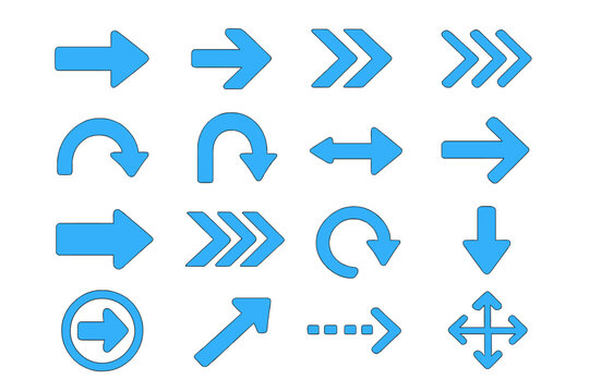 Blue arrow vector icon set for infographics, web navigation, modern interface, direction, movement, progress, cursor, pointer, location, update, guide, circular, return, turn