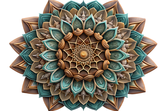 Photo of intricate mandala pattern with teal and brown colors, isolated on transparent background - Powered by Adobe