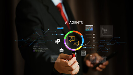 User analyzing AI agent performance data on mobile device, infographic charts, digital icons, representing smart technology, analytics, artificial intelligence adoption, mobile interface interaction.