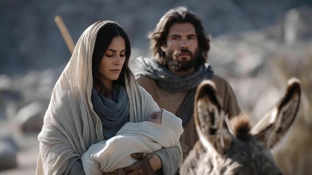 A family, their faces weary, travels on a dusty road, a donkey&rsquo;s hooves clopping. A woman cradles a swaddled infant, the cloth soft but worn. A man leads the donkey, his staff scarred from use. A
