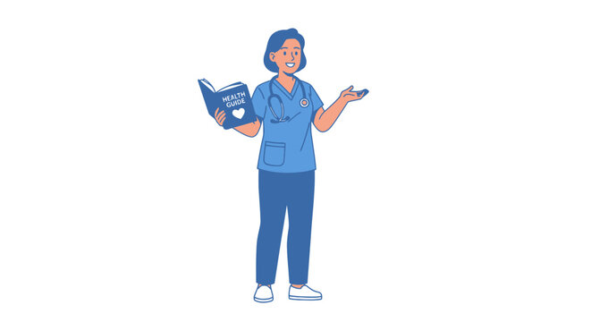 Cheerful Nurse in Blue Scrubs Holding Open Medical Book.