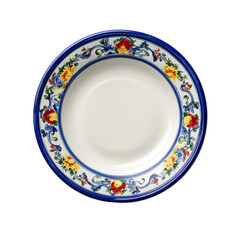 an empty ceramic plate with a clean white center isolated on white background

