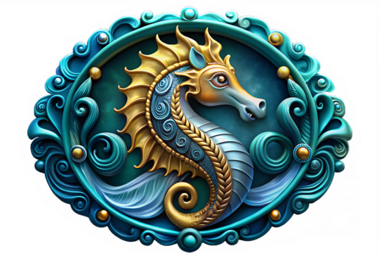 Photo of stylized seahorse in an ornate frame, a symbol of grace and protection in the ocean isolated on transparent background