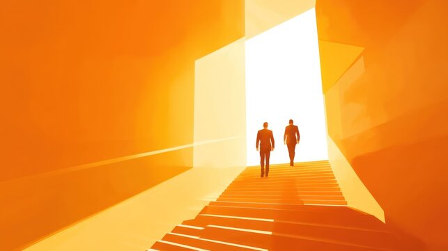 Two men ascend stairs towards bright light, abstract orange architecture background; future, success concept