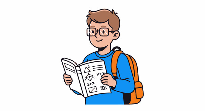 Young Student Reading Textbook with Backpack and Glasses.