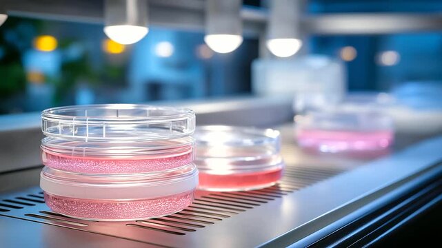 A technician cultures cells for telomere studies in a tissue culture lab, with incubators warming, media bottles aligned, petri dishes stacked, and a sterile hood running, captured in a controlled