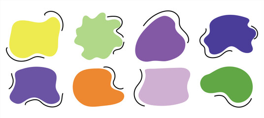 Fluid abstract blob shape collection. Wavy organic forms and colorful liquid backgrounds. Hand drawn freeform doodle shapes, soft rounded curves and modern vector design elements