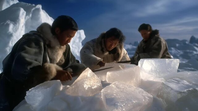 An Inuit family, their hands steady, builds an igloo, the snow blocks&rsquo; surfaces smooth. A bone saw, its blade sharp, cuts the blocks, their edges crisp. A fur mat, its fibers matted, cushions the
