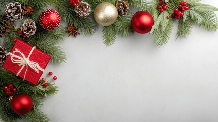 Christmas Blank Card Border: Fresh Pine Branches, Red/Gold Baubles, Pine Cones, Gift Box, Star Anise, White Card, Light Gray Background