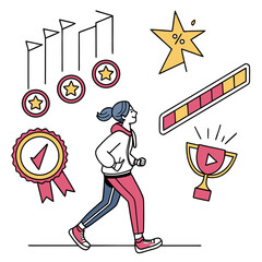 A woman running towards success and achievement symbols like stars trophies medals and progress bars representing fitness goals and rewards