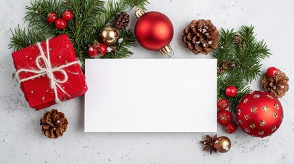 Christmas Blank Card Border: Fresh Pine Branches, Red/Gold Baubles, Pine Cones, Gift Box, Star Anise, White Card, Light Gray Background