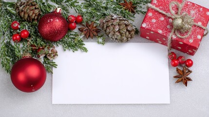 Christmas Blank Card Border: Fresh Pine Branches, Red/Gold Baubles, Pine Cones, Gift Box, Star Anise, White Card, Light Gray Background