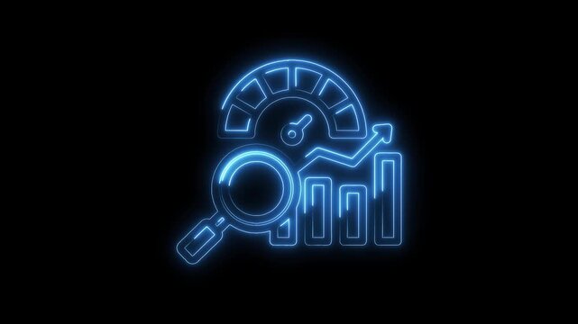Neon style business analytics performance review with magnifying glass and graph animation