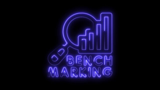 Benchmarking with magnifying glass and graph neon style on black background video