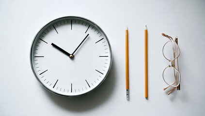 A clock, pencils, and eyeglasses arranged on a white surface.