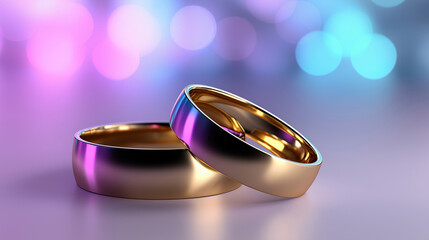 Shiny wedding rings placed together on a colorful background