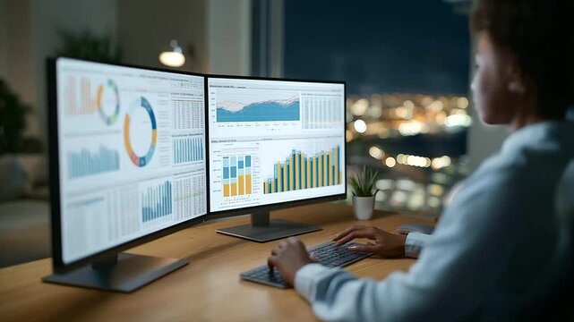 Professional reviewing detailed spreadsheets with charts and forecasts on multiple monitors, symbolizing budget planning, corporate finance strategy, expense control, and meticulous allocation of
