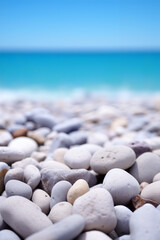 Smooth pebbles on a shingle beach with turquoise water and clear blue sky on a peaceful sunny day. Generative AI.