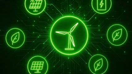 An illustration showcasing renewable energy symbols including wind, solar, and leaf icons, highlighting sustainable technology. - Powered by Adobe