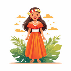 Hawaiian woman in traditional dress with tropical foliage
