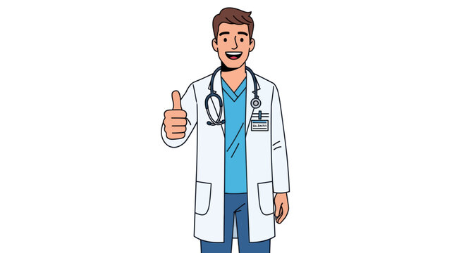 Cheerful Male Doctor Giving Thumbs Up in White Coat with Stethoscope.