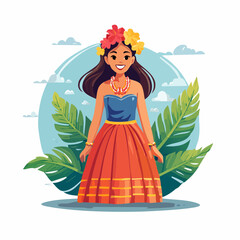 Hawaiian woman in traditional dress with tropical foliage