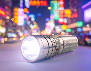 Modern flashlight in city night scene