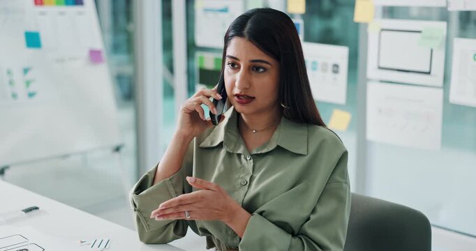 Discussion, manager and woman with phone call in office for deal contract, negotiation and proposal. Finance director, digital communication or strategy info with investor in workplace, tech and talk