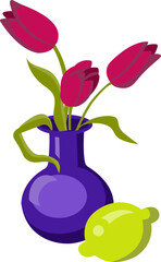 Still life with a vase, tulips and lemon. Vector illustration isolated on white background.