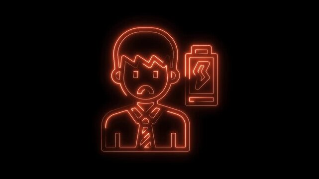 Depleted businessman animated neon icon with low battery symbol in orange