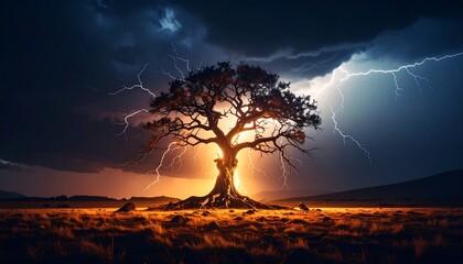 Stormy landscape with a lone tree