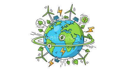 Colorful Hand-Drawn Earth Surrounded by Renewable Energy Sources. © Rizal