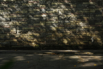 Dark brick stone wall, natural rough surface with available dappled light. For background, design, show and space 
