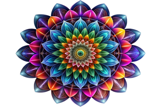 Photo of vibrant fractal mandala flower with colorful petals isolated on transparent background - Powered by Adobe