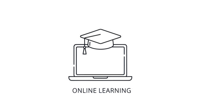 Online Learning Concept: Laptop with Graduation Cap Line Art Icon.