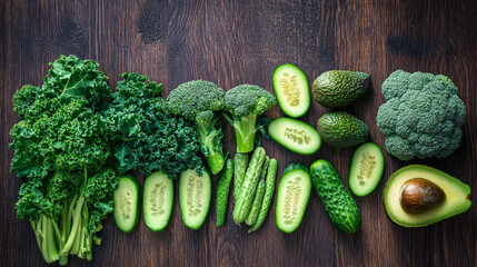 Green Vegetables Flat Lay – Broccoli, Kale, Avocado, and Cucumbers on Rustic Wooden Table