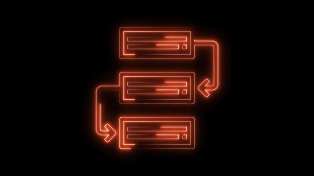 Neon boxes and arrows flowchart process diagram animation on black background