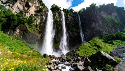 Majestic waterfall cascading down rocky cliffs, surrounded by lush greenery