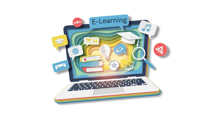 Fototapeta na wymiar Colorful Laptop Displaying E-Learning Concepts and Icons.