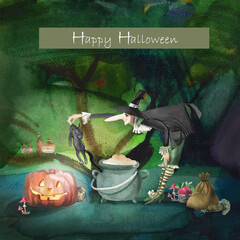 halloween background with witch and cat