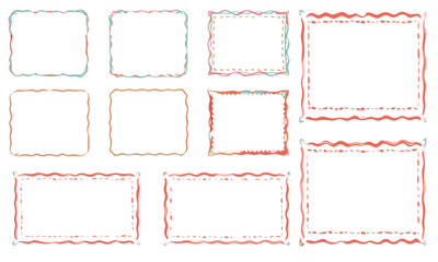 Colorful Hand-Drawn Wavy Square Frames and Doodle Heart Borders, Doodle hand drawn frames in stamp style. Minimalist line art. Vintage blue ornament borders.