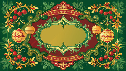 Vector poster template for Christmas and celebrations, elegant vintage border with ornaments, luxury Victorian frame style, green and red combination, empty center for text, perfect for greeting card 