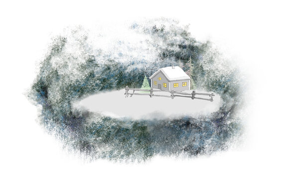 Winter, Christmas card. A house with glowing windows, snow-covered fir trees, snowdrifts on a dark background.