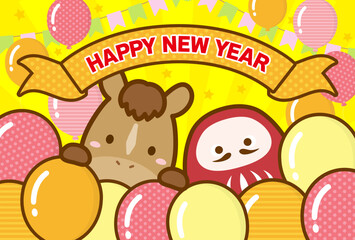 2026年の年賀状、馬とダルマと風船、午年の干支の年賀状素材、黄色