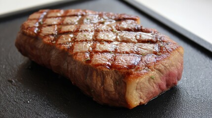 Juicy grilled steak on black surface perfect for culinary imagery