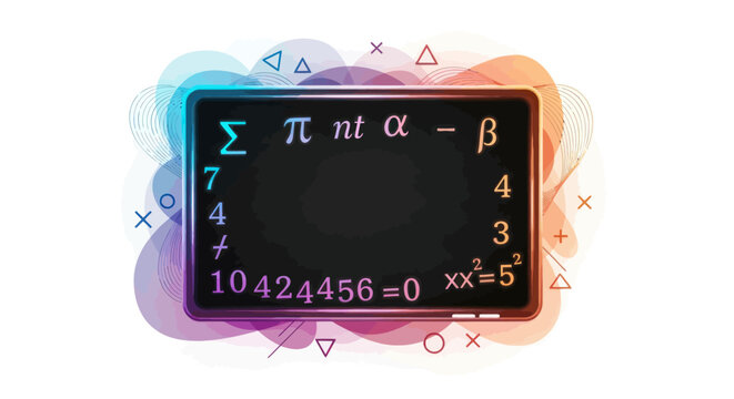 Chalkboard with complex mathematical equations and numbers framed by a vibrant abstract border.