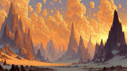 Majestic desert mountain landscape with golden sunset clouds and sharp rocky peaks creating a surreal and dramatic natural panoramic view - Powered by Adobe