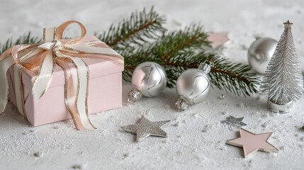 Minimalist Christmas Border: Blush Pink Gift Box (Gold Ribbon), Silver Bells/Tree/Stars, Fresh Pines, Light Gray Matte Background, Elegant Vibe