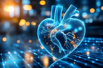 Futuristic glowing digital heart hologram with neural connections medical technology innovation healthcare cardiology artificial intelligence concept