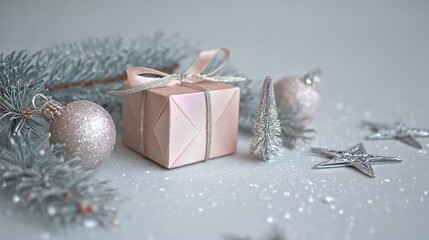 Minimalist Christmas Border: Blush Pink Gift Box (Gold Ribbon), Silver Bells/Tree/Stars, Fresh Pines, Light Gray Matte Background, Elegant Vibe
